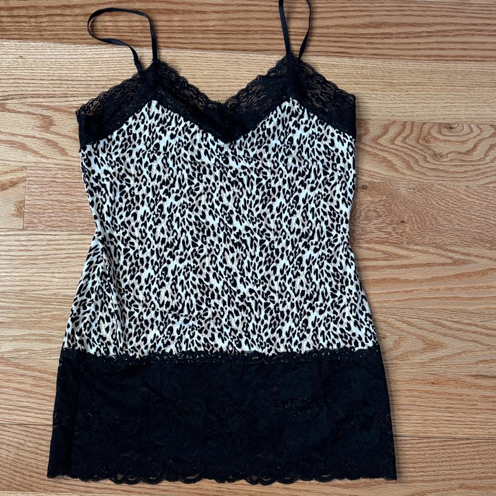White House Black Market Black & White Leopard Lace Trim Slip
